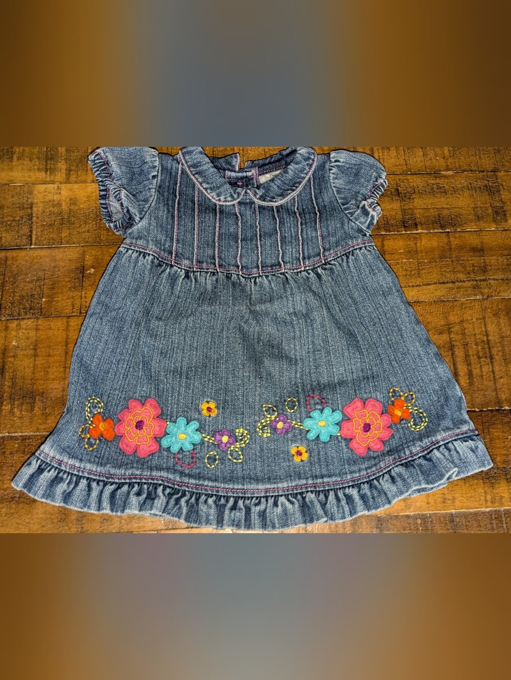 Hanna Andersson Denim Dress with Pink, Turquoise & Orange Floral Applique, VGUC